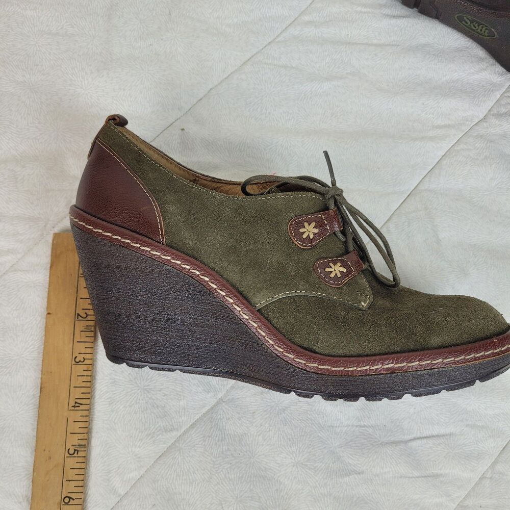 Sofft Camila Wedge lace-up leather booties 7.5M Olive green contrast stitching - Picture 11 of 11
